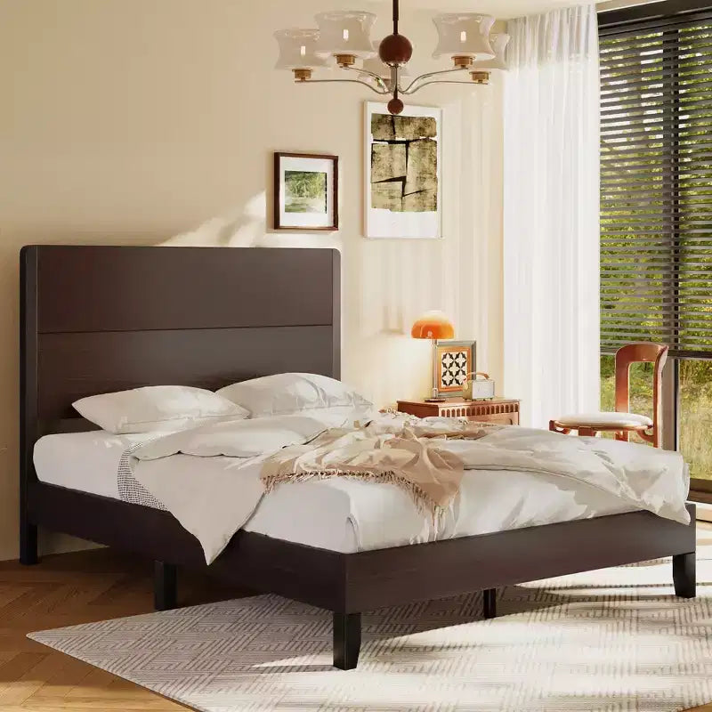 Cadre de lit plateforme Dyonery avec tête de lit haute de 127 cm, support à lattes en bois massif, base de matelas silencieuse, pas besoin de sommier tapissier