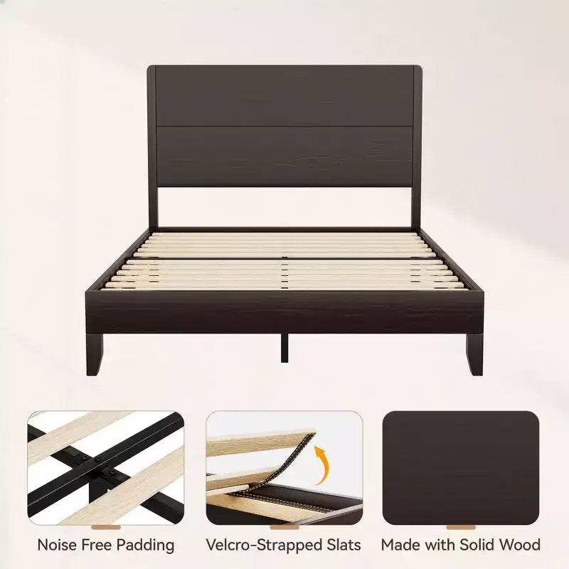 Cadre de lit plateforme Dyonery avec tête de lit haute de 127 cm, support à lattes en bois massif, base de matelas silencieuse, pas besoin de sommier tapissier
