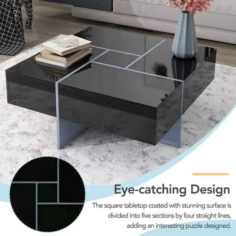 Table basse avec 4 compartiments de rangement cachés, table de salon carrée avec plateau coulissant