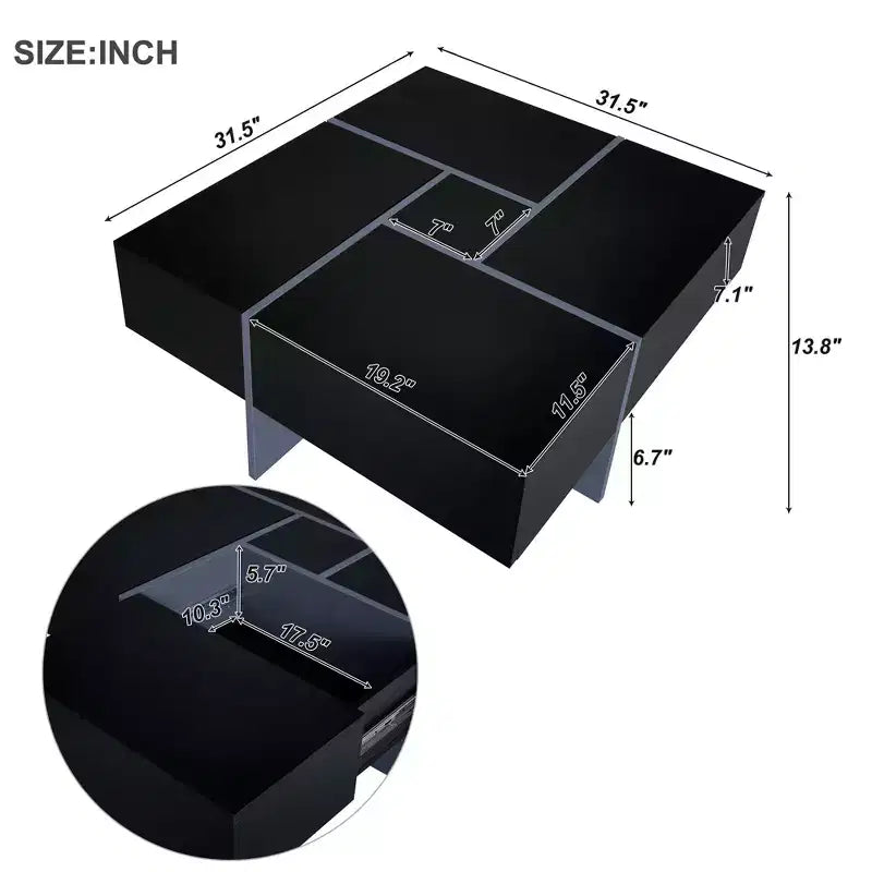 Table basse avec 4 compartiments de rangement cachés, table de salon carrée avec plateau coulissant
