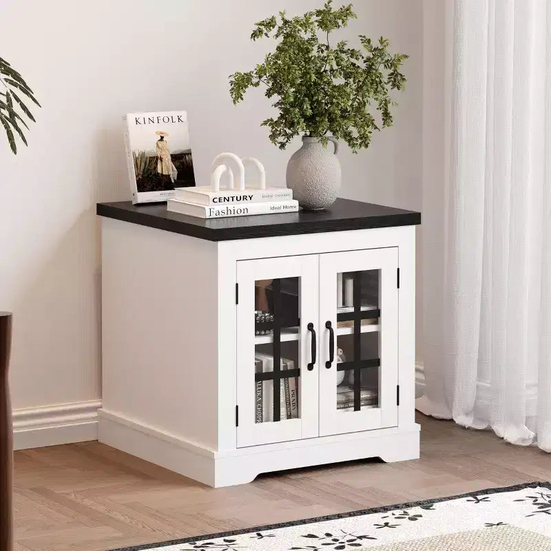 Buffet de rangement, Buffet de salle à manger avec portes vitrées, Prise de courant intégrée, Plateau supérieur noir en relief, pour cuisine