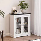 Buffet de rangement, Buffet de salle à manger avec portes vitrées, Prise de courant intégrée, Plateau supérieur noir en relief, pour cuisine
