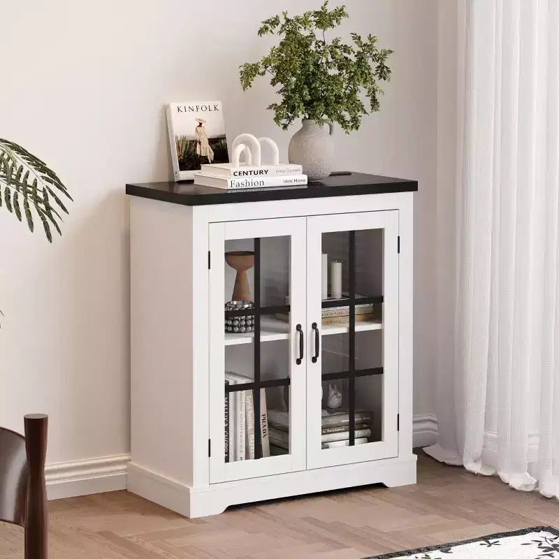 Buffet de rangement, Buffet de salle à manger avec portes vitrées, Prise de courant intégrée, Plateau supérieur noir en relief, pour cuisine