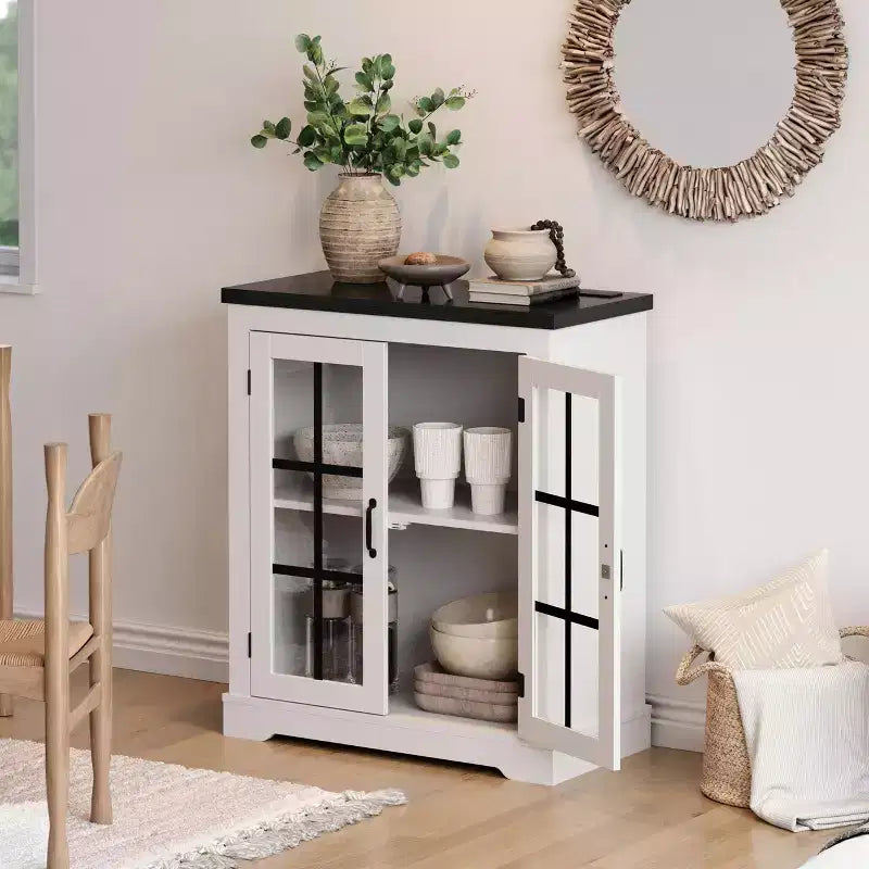 Buffet de rangement, Buffet de salle à manger avec portes vitrées, Prise de courant intégrée, Plateau supérieur noir en relief, pour cuisine