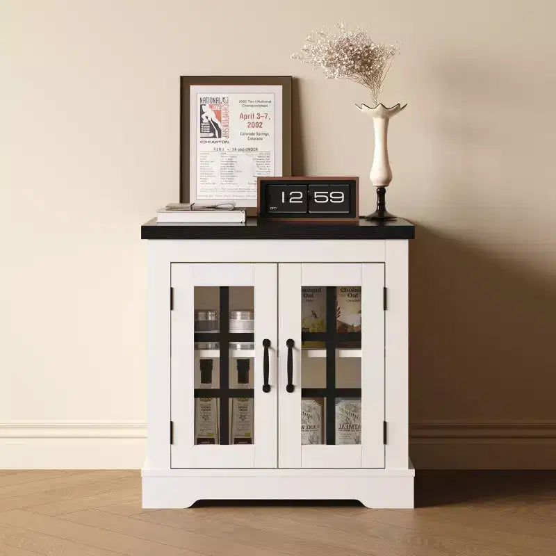 Buffet de rangement, Buffet de salle à manger avec portes vitrées, Prise de courant intégrée, Plateau supérieur noir en relief, pour cuisine