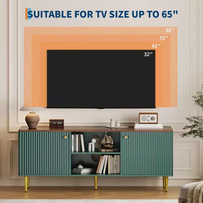 Meuble TV 55 pouces pour téléviseurs jusqu'à 65 pouces, console média cannelée avec 2 portes et étagère réglable à fermeture douce