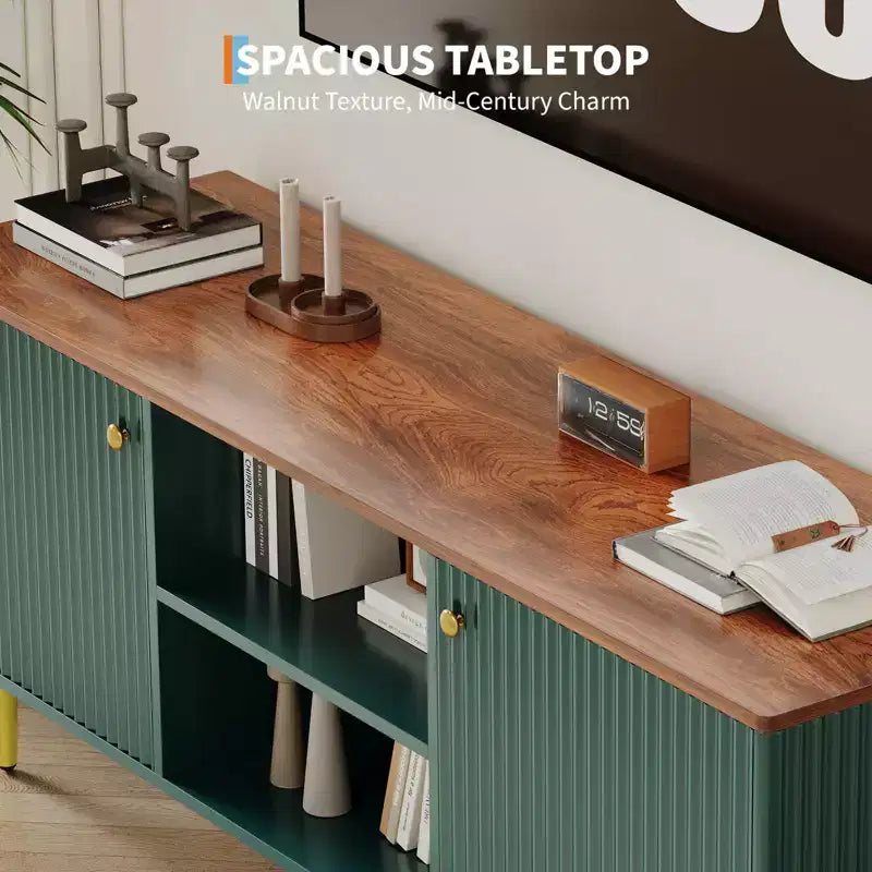 Meuble TV 55 pouces pour téléviseurs jusqu'à 65 pouces, console média cannelée avec 2 portes et étagère réglable à fermeture douce