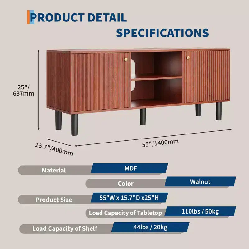 Meuble TV 55 pouces pour téléviseurs jusqu'à 65 pouces, console média cannelée avec 2 portes et étagère réglable à fermeture douce