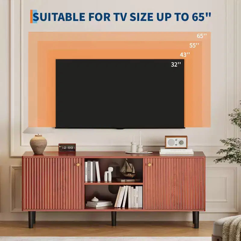 Meuble TV 55 pouces pour téléviseurs jusqu'à 65 pouces, console média cannelée avec 2 portes et étagère réglable à fermeture douce