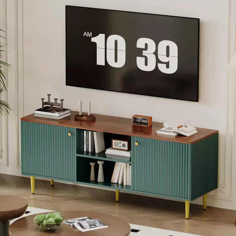 Meuble TV 55 pouces pour téléviseurs jusqu'à 65 pouces, console média cannelée avec 2 portes et étagère réglable à fermeture douce