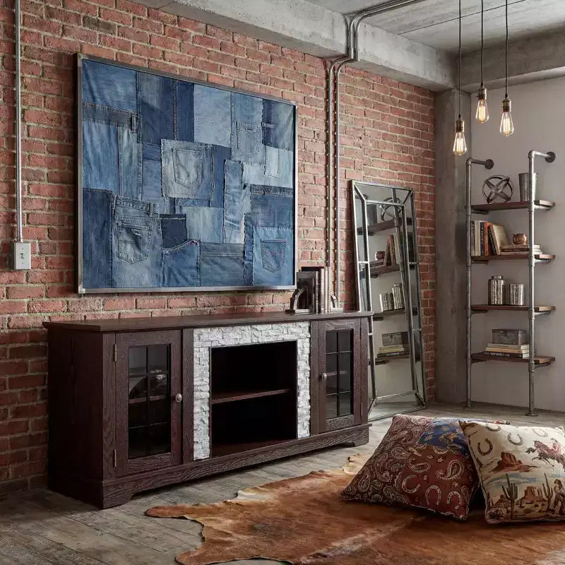 JVNOXK 58 Meuble TV moderne cerisier avec rangement 2 portes et encadrement en faux-marbre