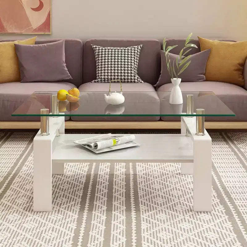 Table basse Rectangle Toys, plateau en verre trempé avec couche MDF, table moderne pour le salon, verre transparent