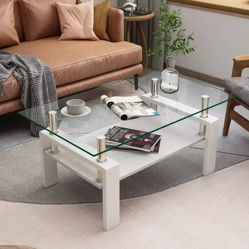 Table basse Rectangle Toys, plateau en verre trempé avec couche MDF, table moderne pour le salon, verre transparent