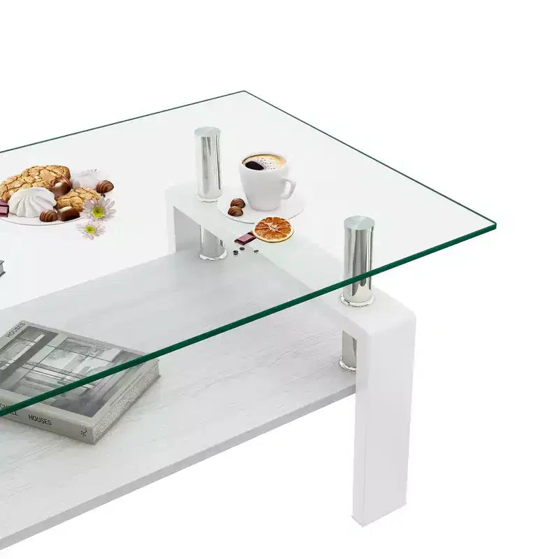 Table basse Rectangle Toys, plateau en verre trempé avec couche MDF, table moderne pour le salon, verre transparent