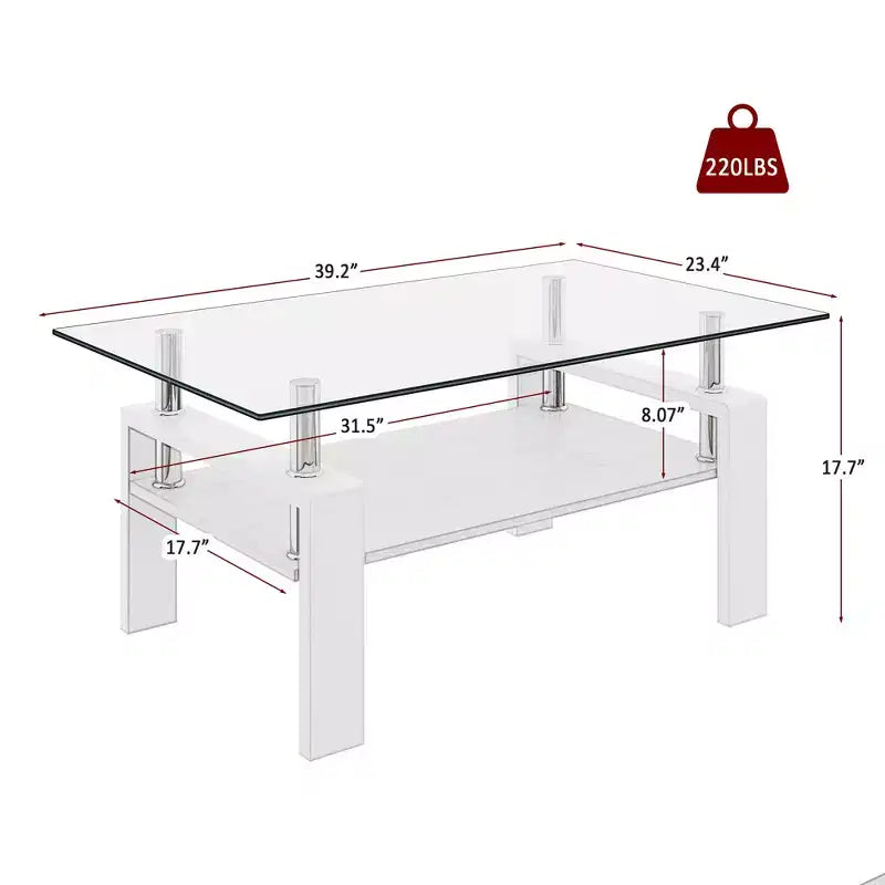 Table basse Rectangle Toys, plateau en verre trempé avec couche MDF, table moderne pour le salon, verre transparent