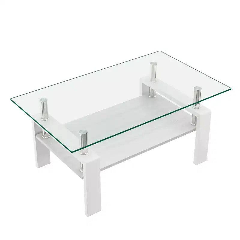 Table basse Rectangle Toys, plateau en verre trempé avec couche MDF, table moderne pour le salon, verre transparent