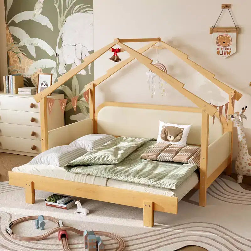 Lit cabane en bois double JVNOXK avec rails rembourrés doux, pour enfants, adolescents, filles et garçons, blanc