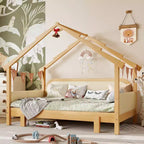 Lit cabane en bois double JVNOXK avec rails rembourrés doux, pour enfants, adolescents, filles et garçons, blanc