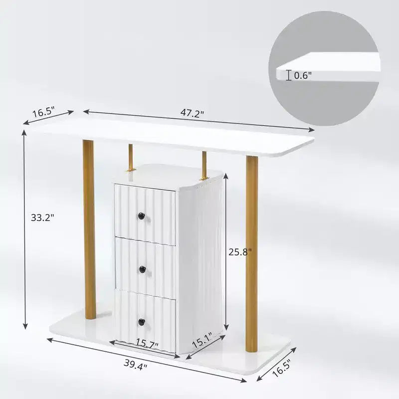 Table console blanche de 47,2 po avec 3 tiroirs de rangement – Table d'appoint glamour moderne