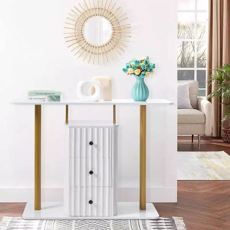 Table console blanche de 47,2 po avec 3 tiroirs de rangement – Table d'appoint glamour moderne