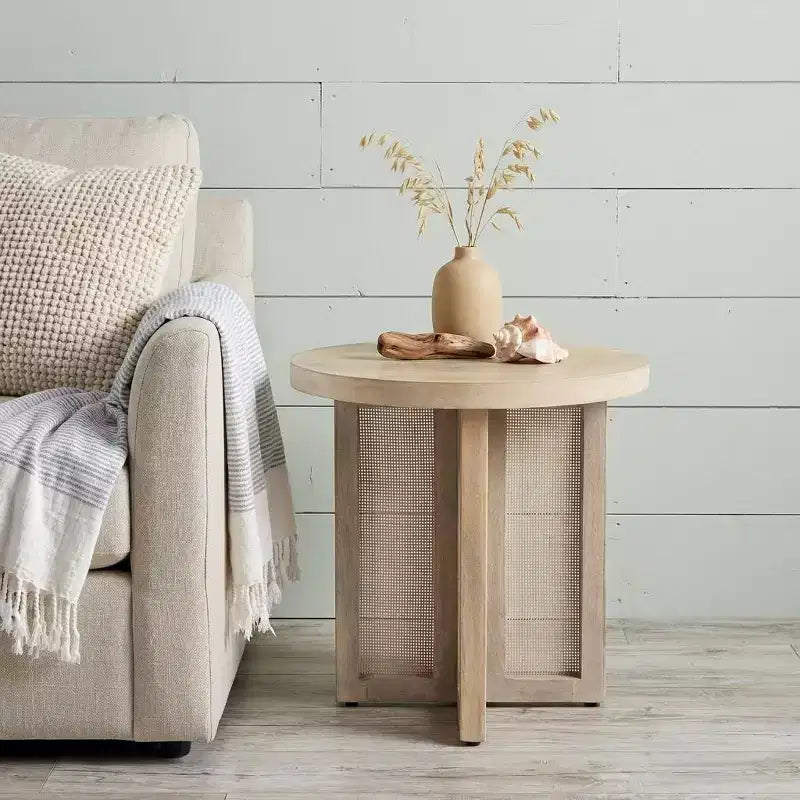 HomeRoots 22 Table d'appoint ronde en bois massif naturel et rotin