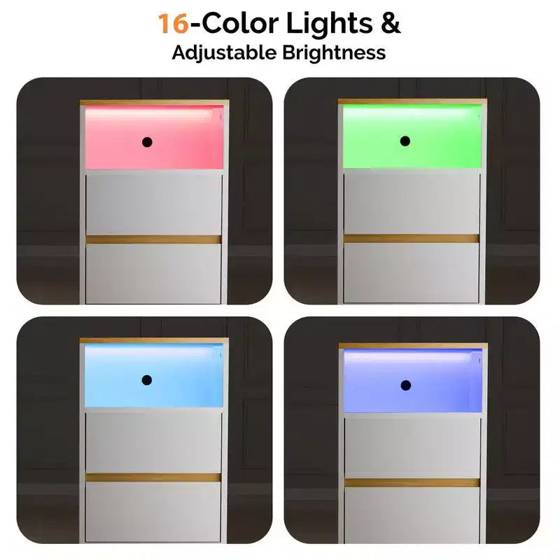 Table de chevet Karl Home 39,9 cm, blanc brillant et chêne, panneau de particules P2 15 mm, 2 tiroirs, bande LED RGB, prise US (2 USB + 2 CA)