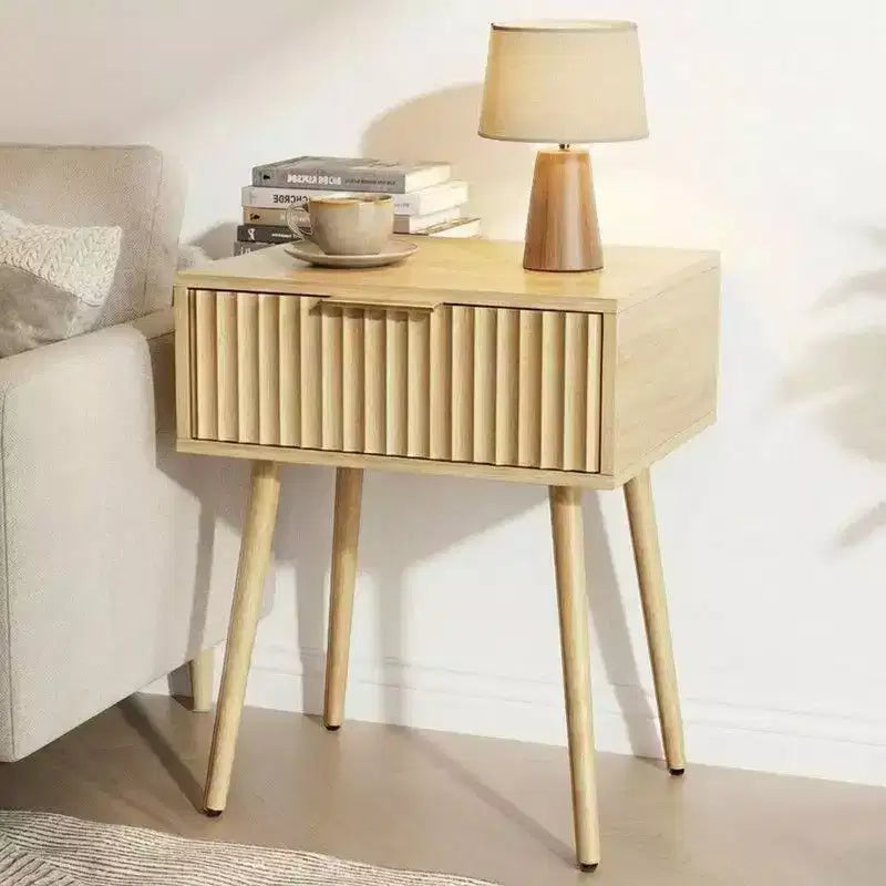 Karl Home Table de chevet de 48 cm, grain de chêne, panneaux de particules et MDF, mélamine et thermoformage, 1 tiroir, pieds hauts