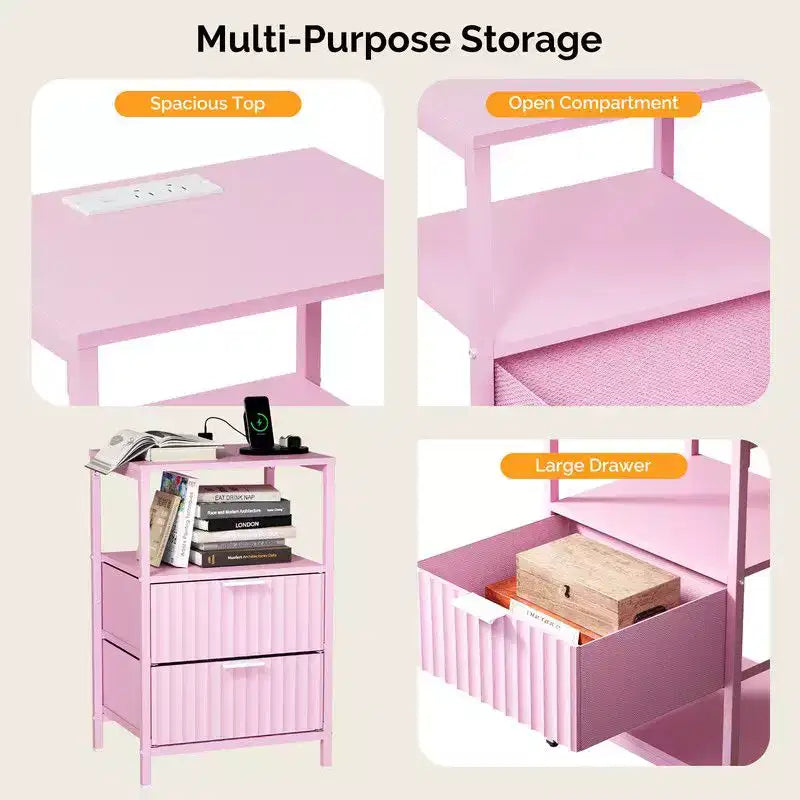Table de chevet Karl Home de 38 cm de large - 2 tiroirs, 1 étagère, prise de courant américaine - lot de 2