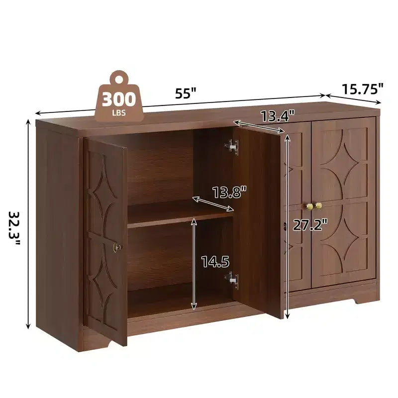 Bahut avec rangements de 55", buffet en bois à 4 portes avec étagères réglables, meuble bar à café de style ferme pour cuisine, salon, entrée