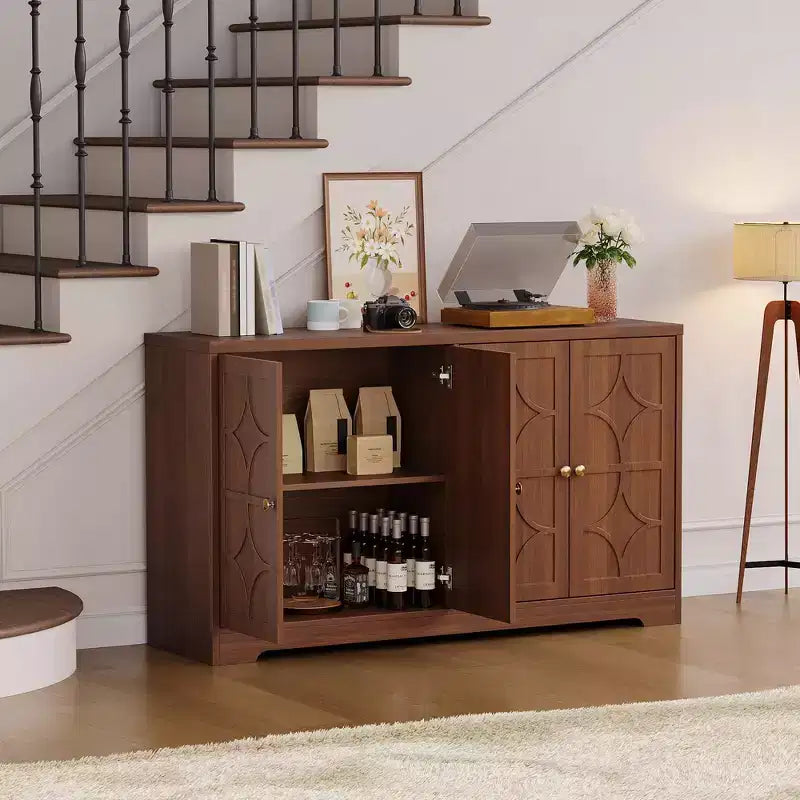 Bahut avec rangements de 55", buffet en bois à 4 portes avec étagères réglables, meuble bar à café de style ferme pour cuisine, salon, entrée