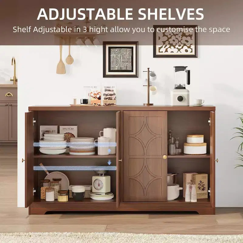Bahut avec rangements de 55", buffet en bois à 4 portes avec étagères réglables, meuble bar à café de style ferme pour cuisine, salon, entrée