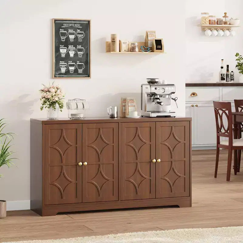 Bahut avec rangements de 55", buffet en bois à 4 portes avec étagères réglables, meuble bar à café de style ferme pour cuisine, salon, entrée