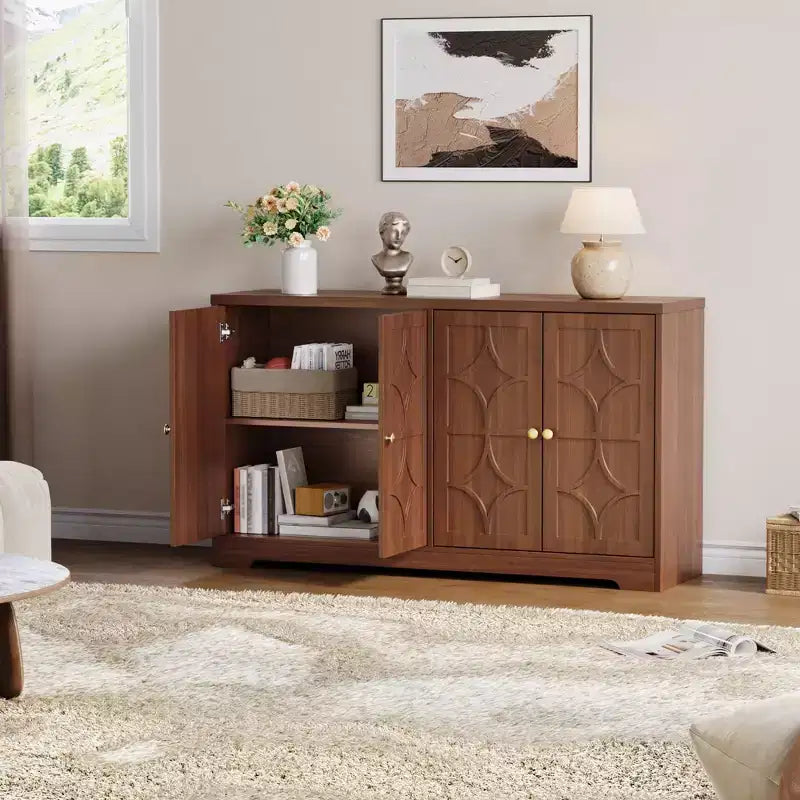 Bahut avec rangements de 55", buffet en bois à 4 portes avec étagères réglables, meuble bar à café de style ferme pour cuisine, salon, entrée