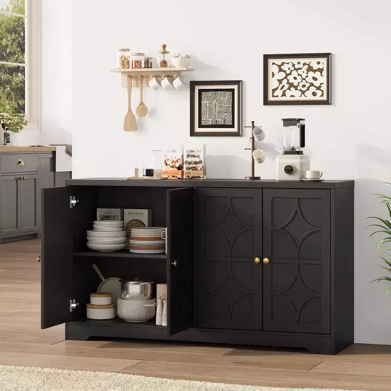 Bahut avec rangements de 55", buffet en bois à 4 portes avec étagères réglables, meuble bar à café de style ferme pour cuisine, salon, entrée