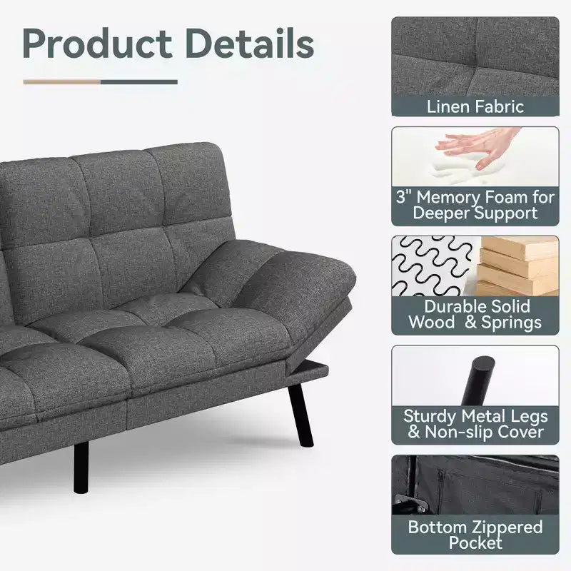 Canapé-lit convertible Dyonery Futon, Canapé-lit en lin avec mousse à mémoire de forme, Dossier et accoudoirs réglables, Petit canapé-lit multifonctionnel