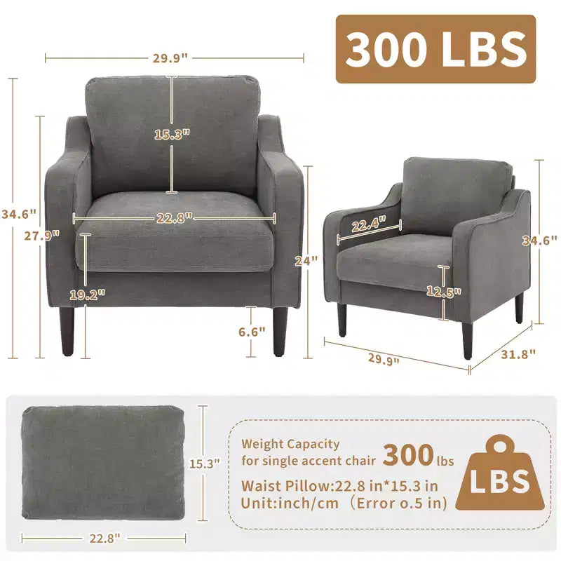 Fauteuil de lecture scandinave en lin pour salon/chambre à coucher, fauteuil individuel confortable pour petits espaces