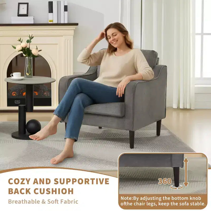 Fauteuil de lecture scandinave en lin pour salon/chambre à coucher, fauteuil individuel confortable pour petits espaces
