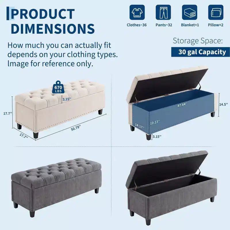 Banc ottoman de rangement extra large de 51 pouces, coffre de bout de lit robuste de 300 kg avec revêtement capitonné et charnière de sécurité pour chambre, entrée et salon