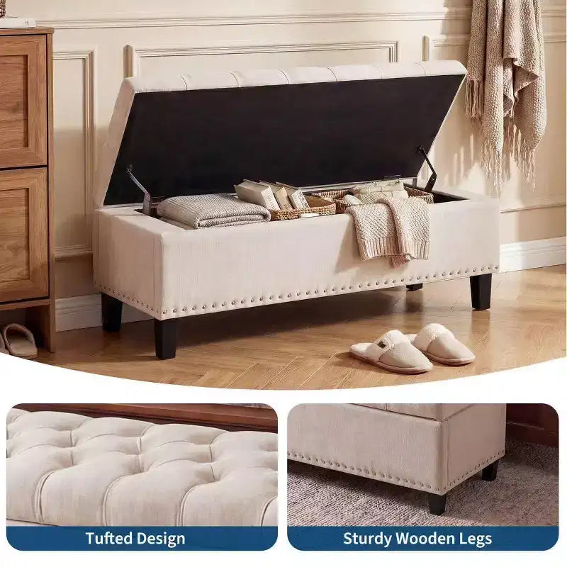 Banc ottoman de rangement extra large de 51 pouces, coffre de bout de lit robuste de 300 kg avec revêtement capitonné et charnière de sécurité pour chambre, entrée et salon