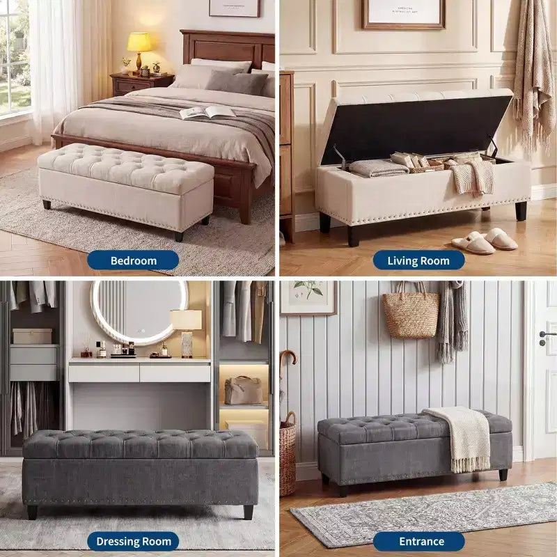 Banc ottoman de rangement extra large de 51 pouces, coffre de bout de lit robuste de 300 kg avec revêtement capitonné et charnière de sécurité pour chambre, entrée et salon