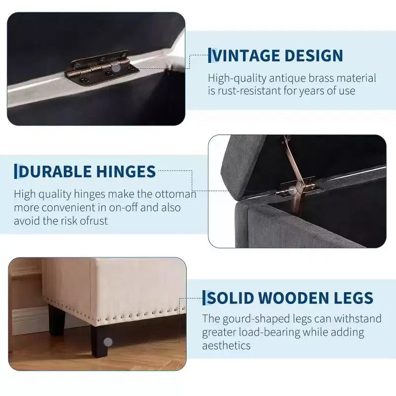 Banc ottoman de rangement extra large de 51 pouces, coffre de bout de lit robuste de 300 kg avec revêtement capitonné et charnière de sécurité pour chambre, entrée et salon