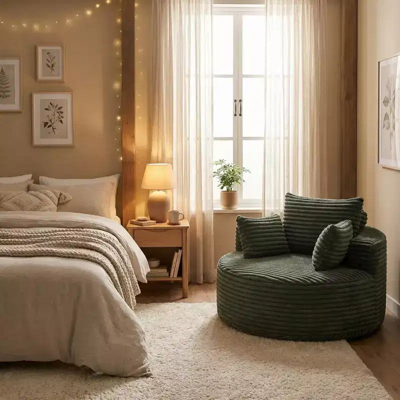 Fauteuil rond FurnitureR, chaise d'appoint en velours côtelé avec assise profonde, canapé simple moderne confortable pour salon, chambre à coucher, appartement