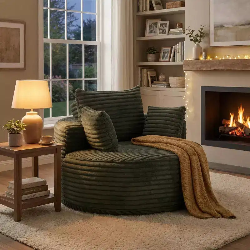 Fauteuil rond FurnitureR, chaise d'appoint en velours côtelé avec assise profonde, canapé simple moderne confortable pour salon, chambre à coucher, appartement