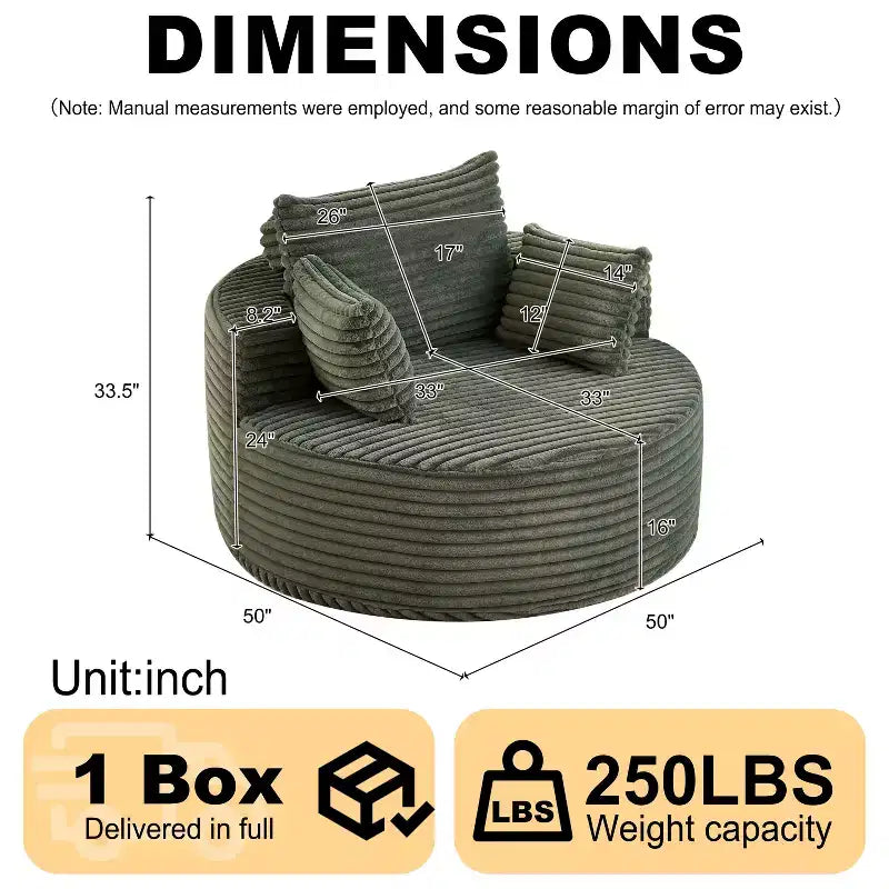 Fauteuil rond FurnitureR, chaise d'appoint en velours côtelé avec assise profonde, canapé simple moderne confortable pour salon, chambre à coucher, appartement