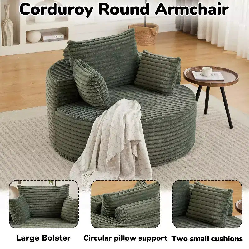 Fauteuil rond FurnitureR, chaise d'appoint en velours côtelé avec assise profonde, canapé simple moderne confortable pour salon, chambre à coucher, appartement