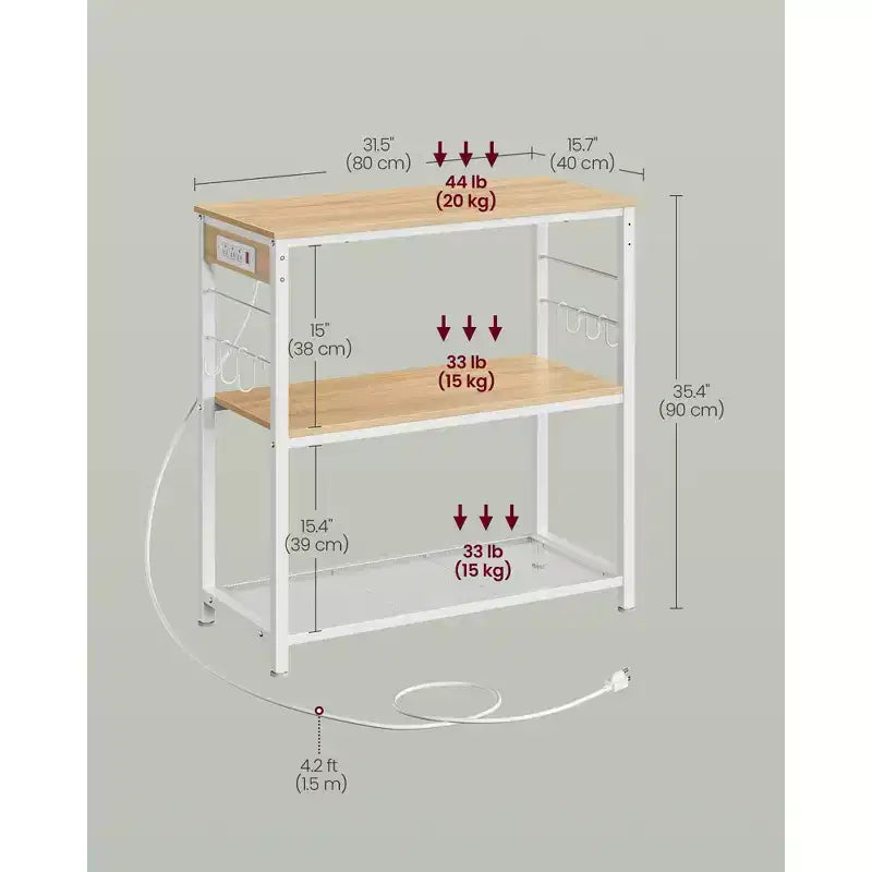 VASAGLE Îlot de cuisine avec multiprise, support de micro-ondes, étagère de boulanger avec 3 étagères ouvertes, 6 crochets, cadre en métal, chêne doré et blanc