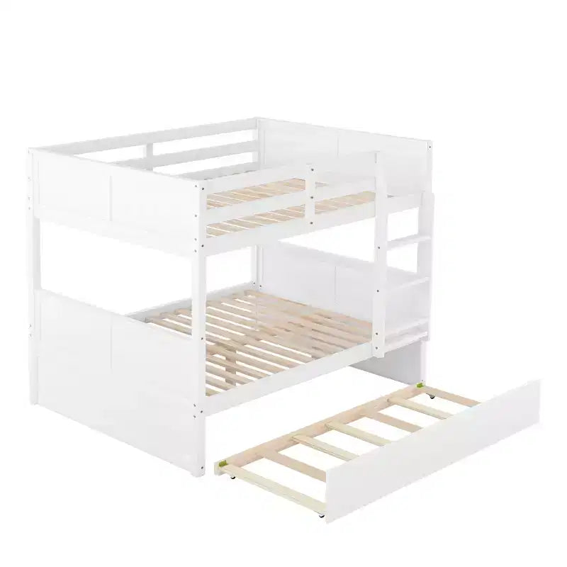 Lit superposé pleine taille FAMYYT avec lit gigogne double, assemblage facile, blanc
