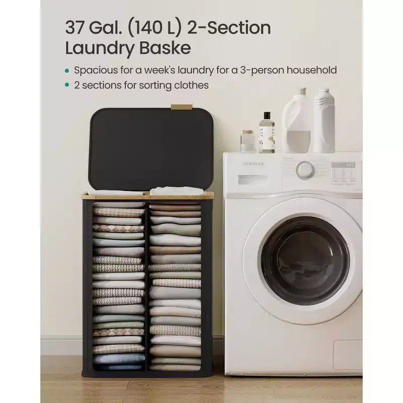 SONGMICS Panier à linge, Panier à linge avec couvercle, Panier de rangement pliable, Cadre en bambou, Tissu Oxford, 140 L