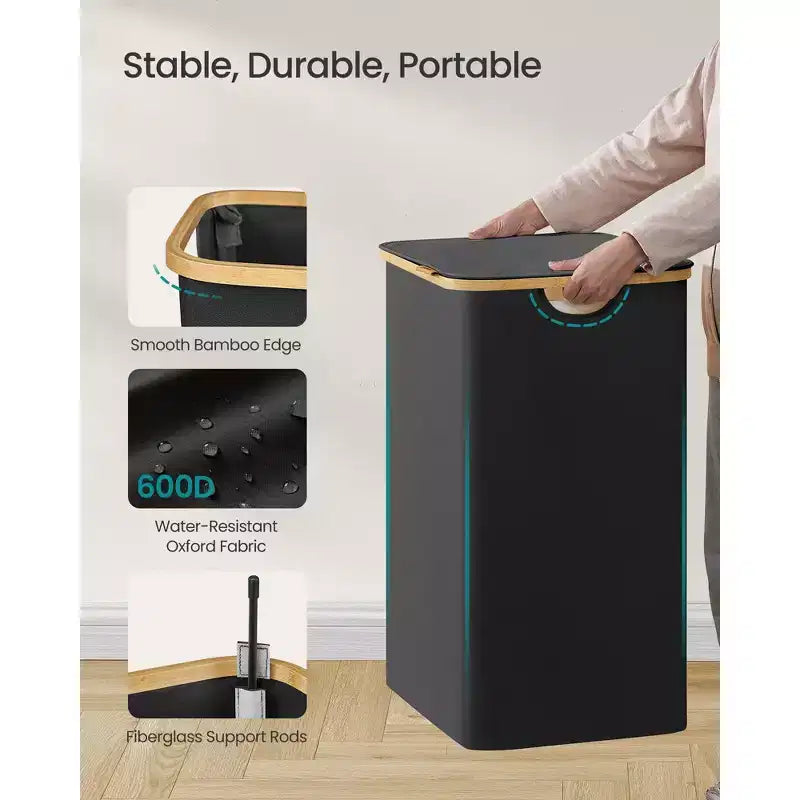 SONGMICS Panier à linge, Panier à linge avec couvercle, Panier de rangement pliable, Cadre en bambou, Tissu Oxford, 140 L