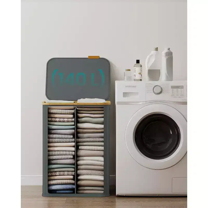 SONGMICS Panier à linge, Panier à linge avec couvercle, Panier de rangement pliable, Cadre en bambou, Tissu Oxford, 140 L